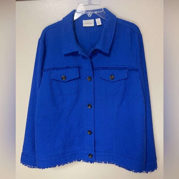 Chico’s Jackets & Blazers - Chico's Jacket Size 3 Large 16/18 Blue Buttoned Front Raw Fringed Edge